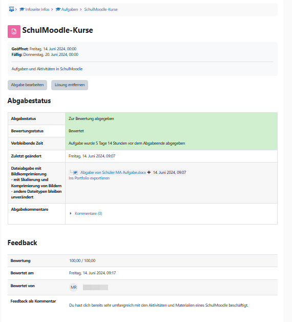Ansicht des Abgabestatus und des Feedbacks einer Aktivität Aufgabe.