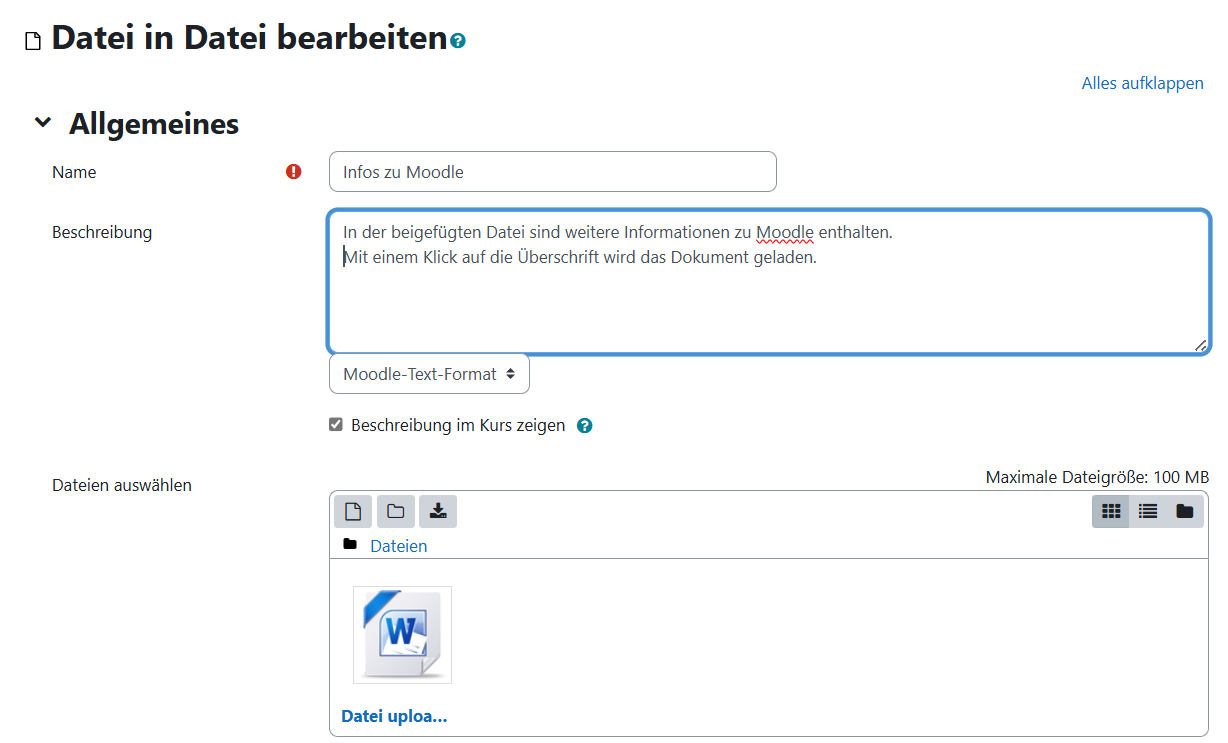 Ansicht des Dialogs zum Hochladen einer Datei für die Lehrkraft