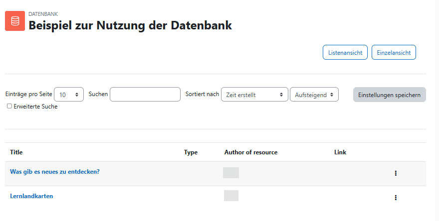 Ansicht einer Aktivität Datenbank im Kurs