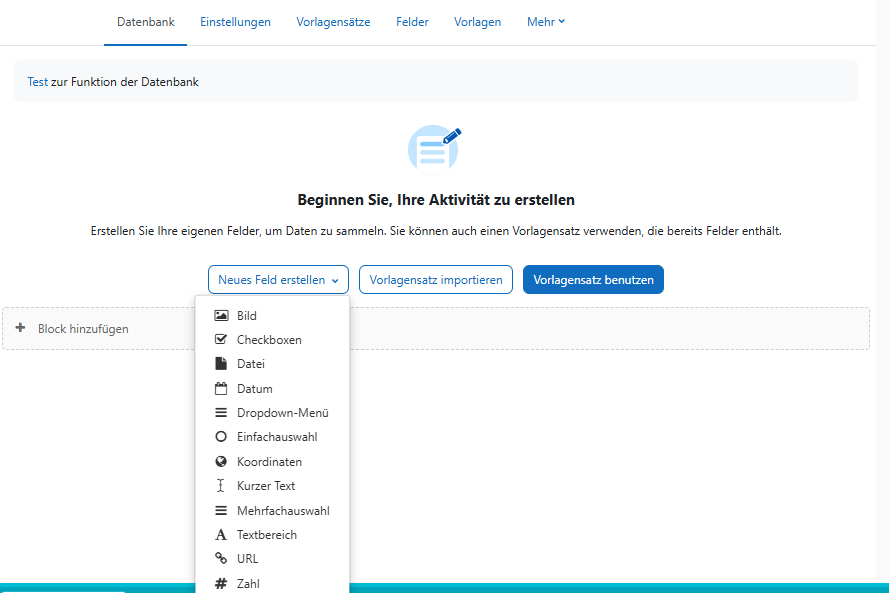 Ansicht zur Erstellung einer Aktivität vom Typ Datenbank mit einer Auswahlliste möglicher Feldtypen