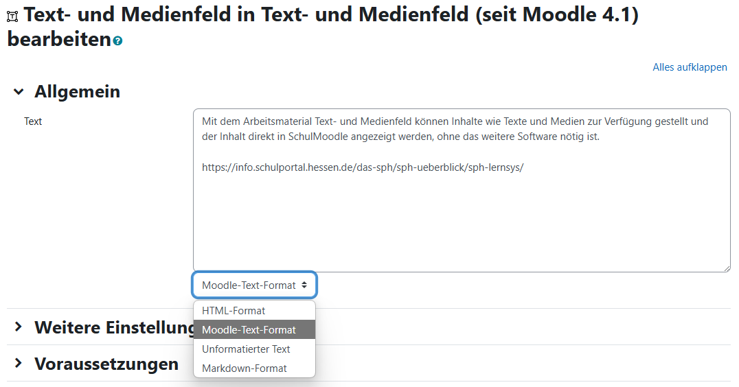 Bearbeitungsansicht eines Text- und Medienfeldes