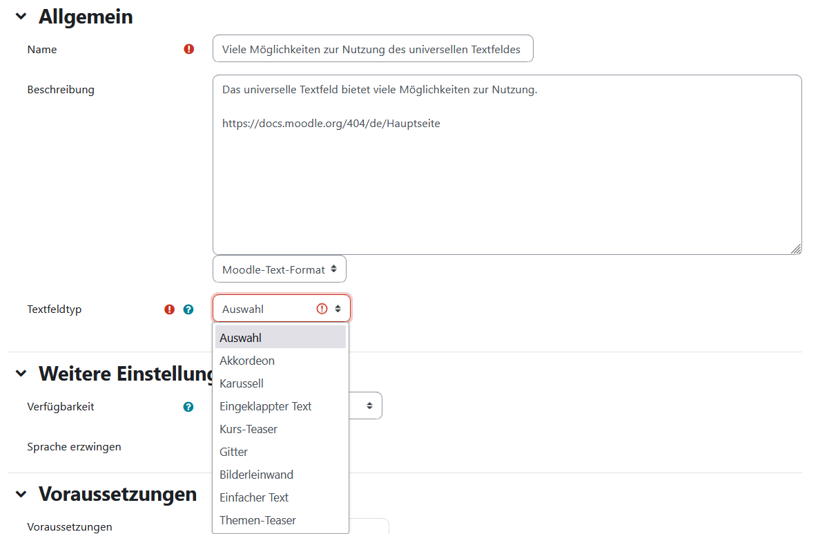 Bearbeitungsansicht eines Universellen Textfeldes