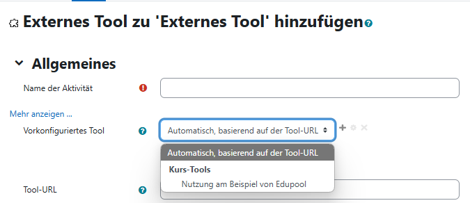 Ansicht des Einfügens eines Externen Tools für die Lehrkraft