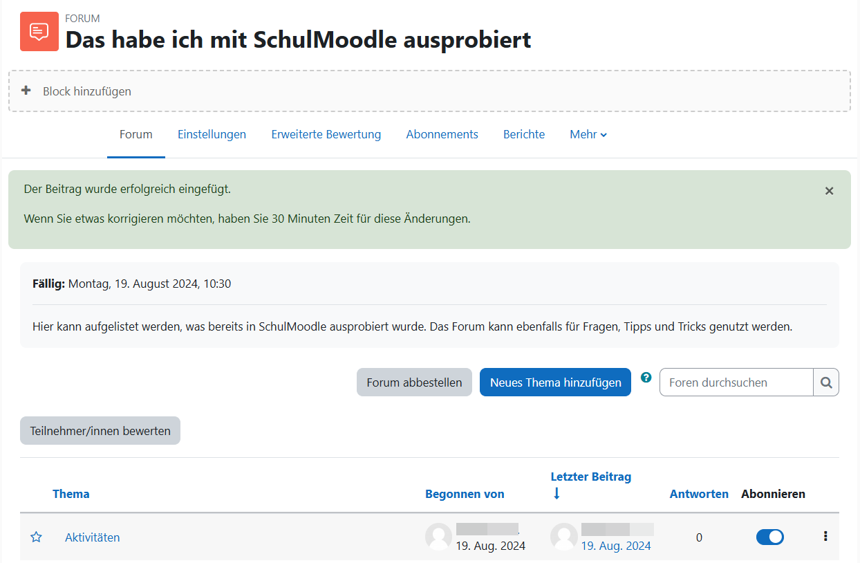 Ansicht der Aktivität Forum nach dem Senden einer Nachricht