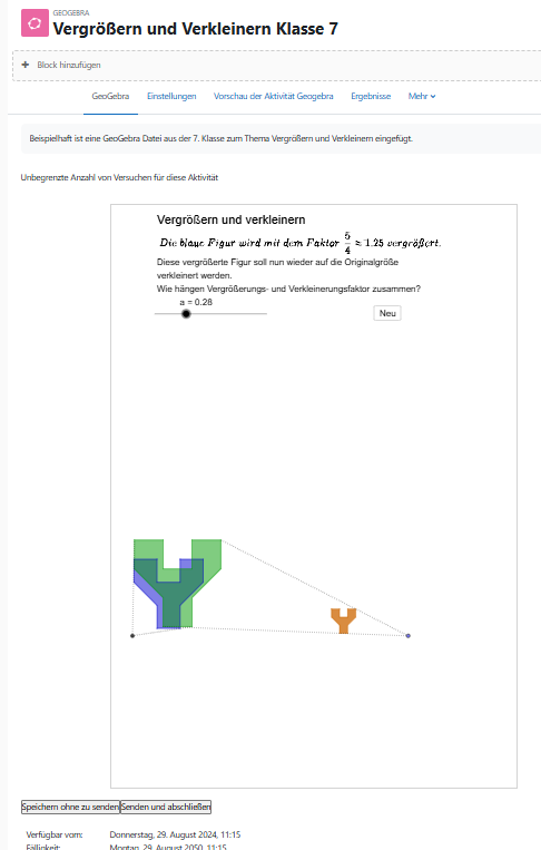Ansicht der Einrichtung einer Aktivität Geogebra