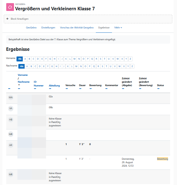 Ansicht der Rückgaben einer Aufgabe mit der Aktivität Geogebra