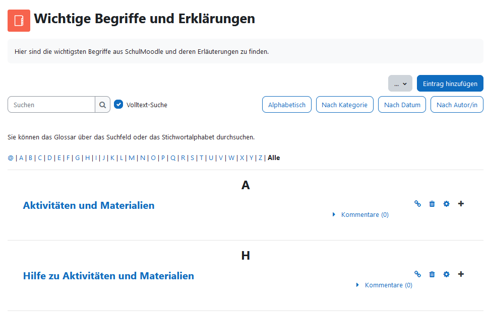 Ansicht eines Glossars