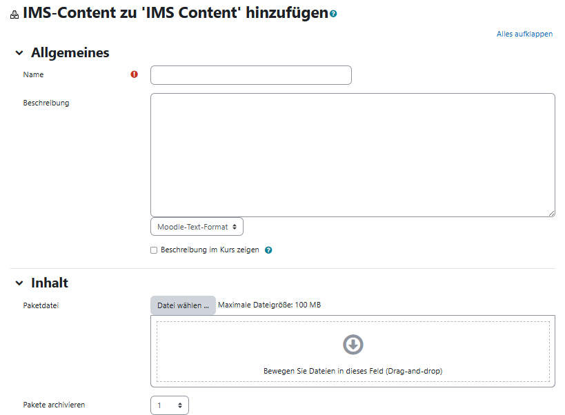 Ansicht zum Hinzufgen eines IMS-Content-Pakets