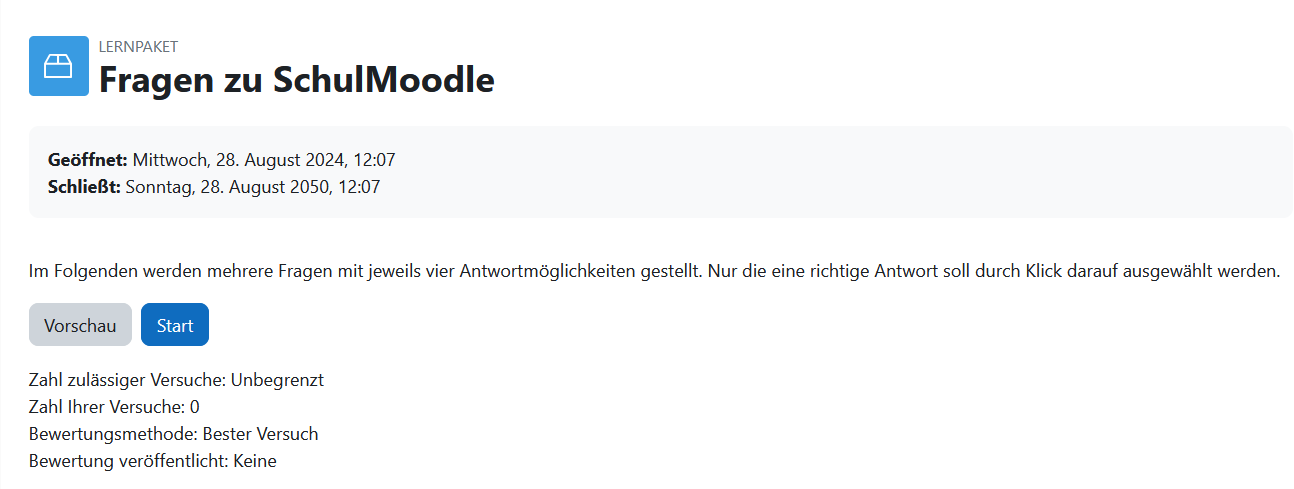 Ansicht einer Aktivität Lernpaket im Kurs