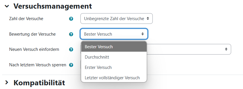 Ansicht zur Einstellung des Versuchsmanagements einer Aktivität Lernpaket