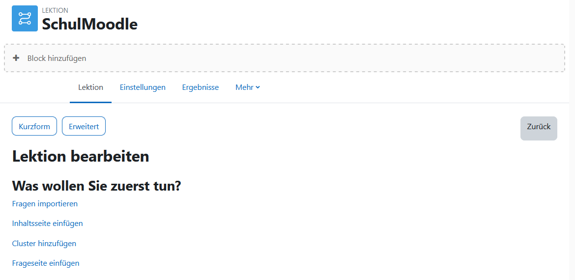 Ansicht bei der Erstellung einer Lektion