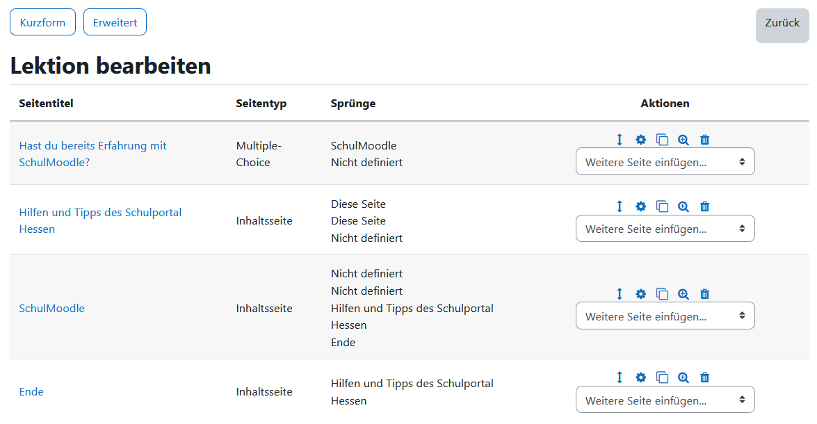 Ansicht bei der Bearbeitung einer Lektion