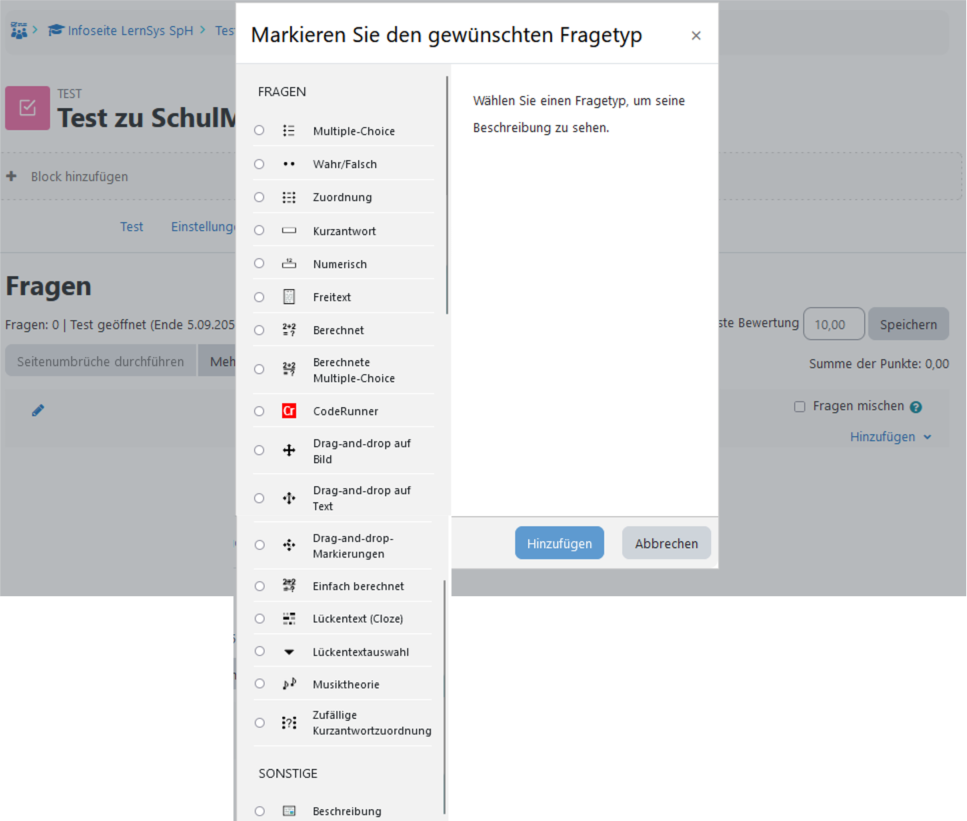 Ansicht mit der Auswahl von Fragetypen