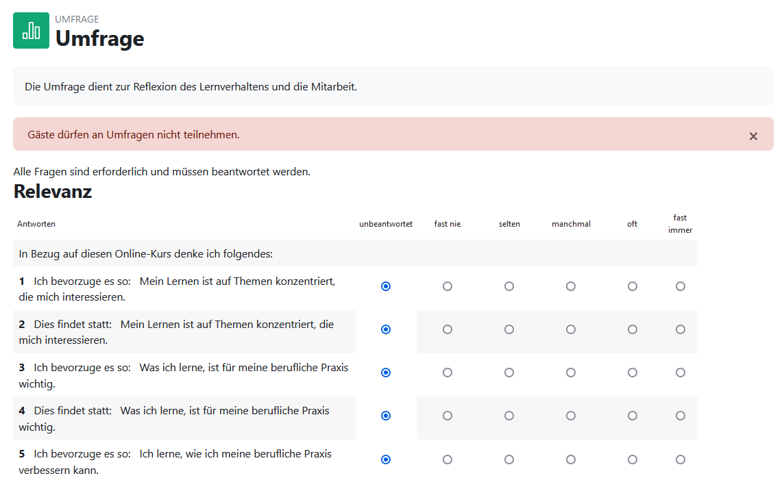 Ansichts eines Fragebogens der Aktivität Umfrage