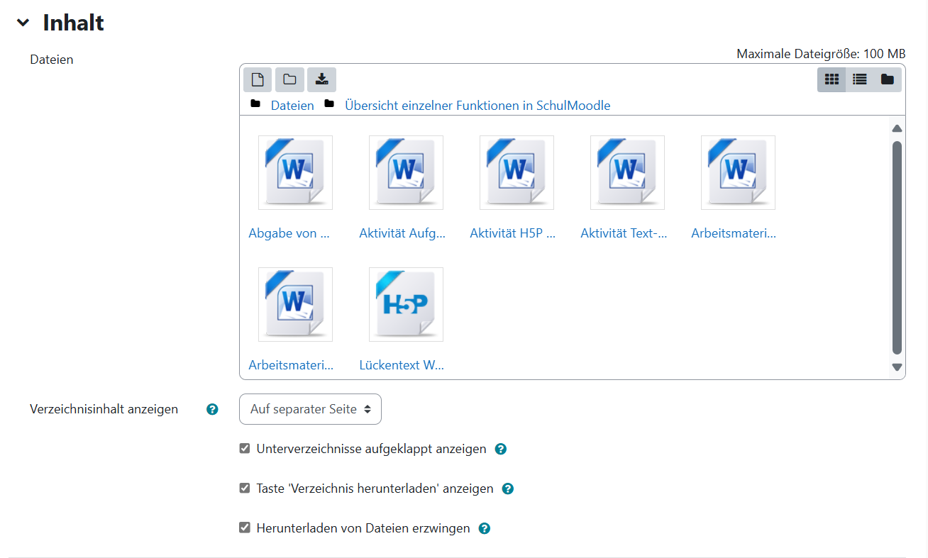 Ansicht der Bearbeitung des Inhalts eines Verzeichnisses