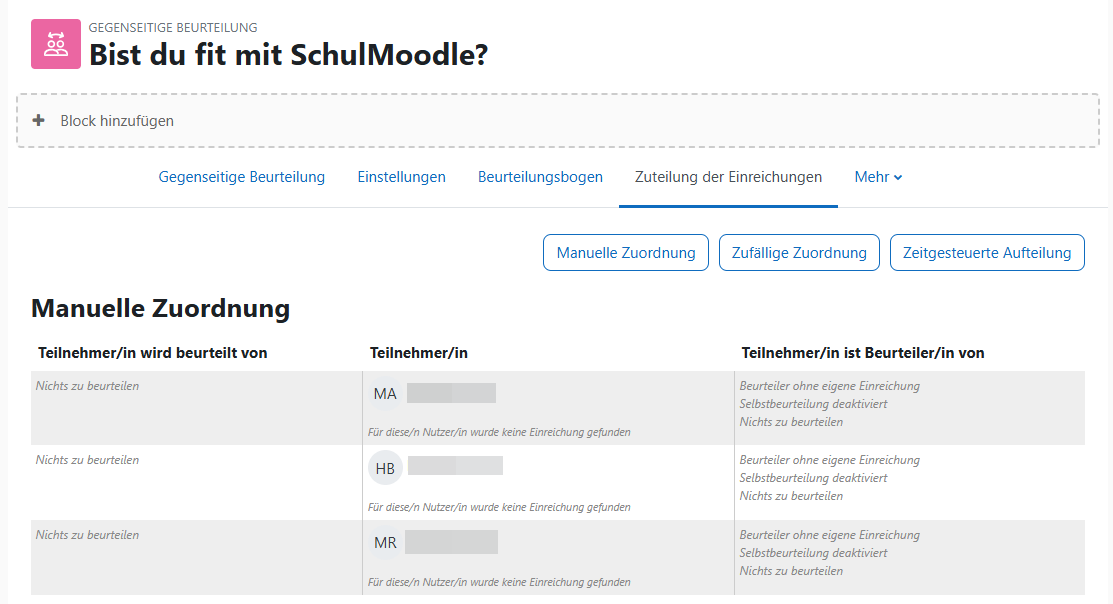 Ansicht der Paar-Zuordnungen einer Aktivität Gegenseitige Beurteilung aus Sicht der Lehrkraft