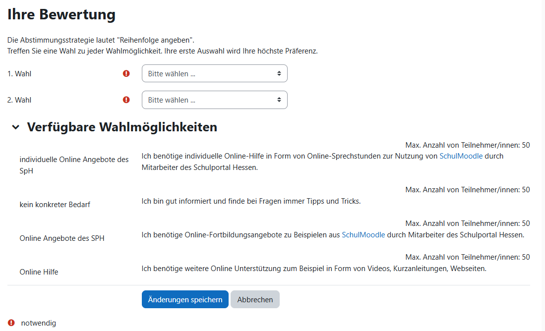 Ansicht der Wahlmöglichkeiten in der Aktivität Gerechte Verteilung für die Teilnehmenden