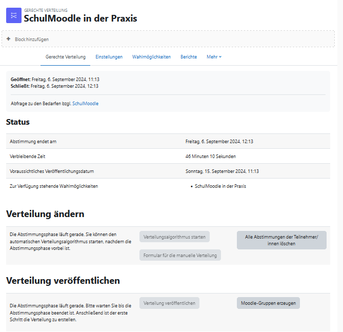Ansicht der Aktivität Gerechte Verteilung für die Lehrkraft während der Wahl