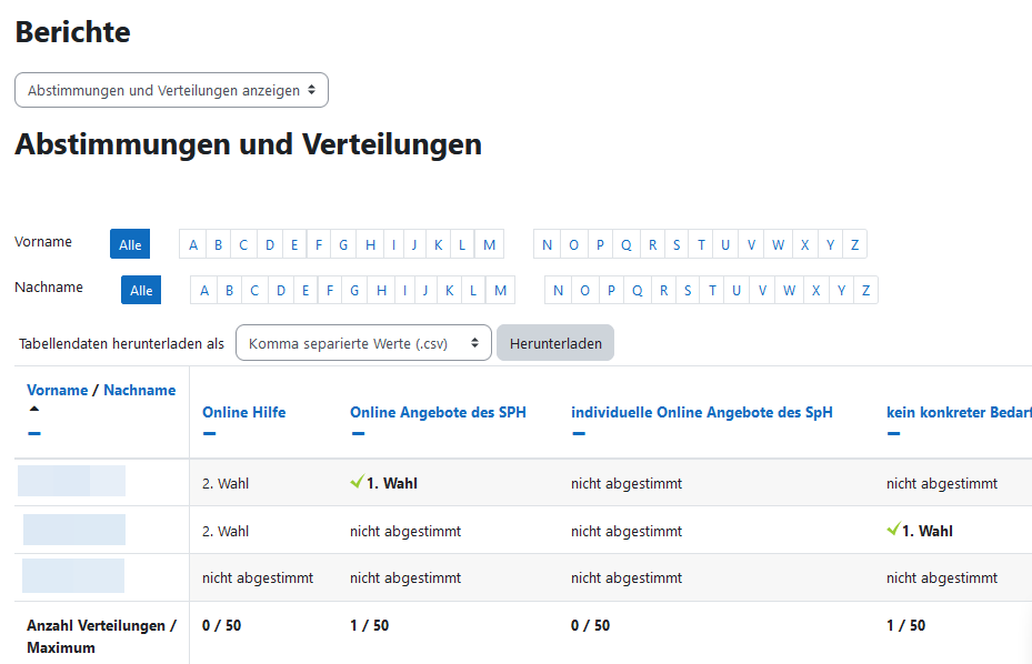 Ansicht der auf das Ergebnis der Zuteilung für die Lehrkraft nach der Wahl