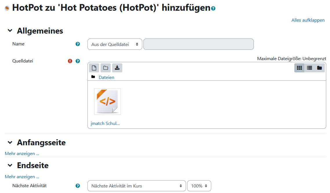 Ansicht zum Hinzufügen einer HotPot-Aktvität