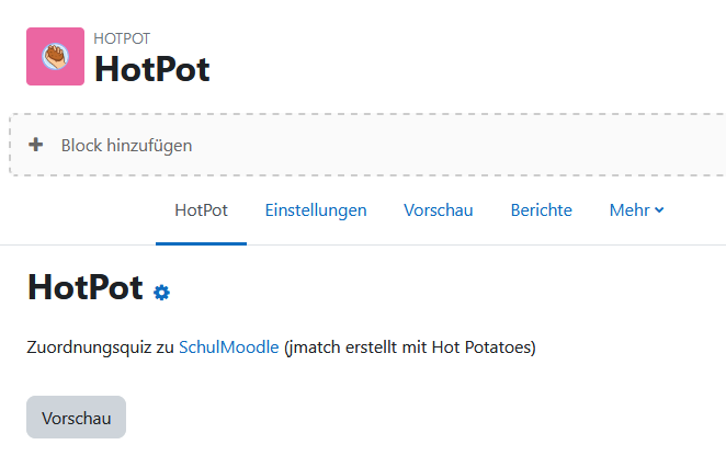 Eine HotPot-Aktivität in der Kurs-bearbeiten-Ansicht