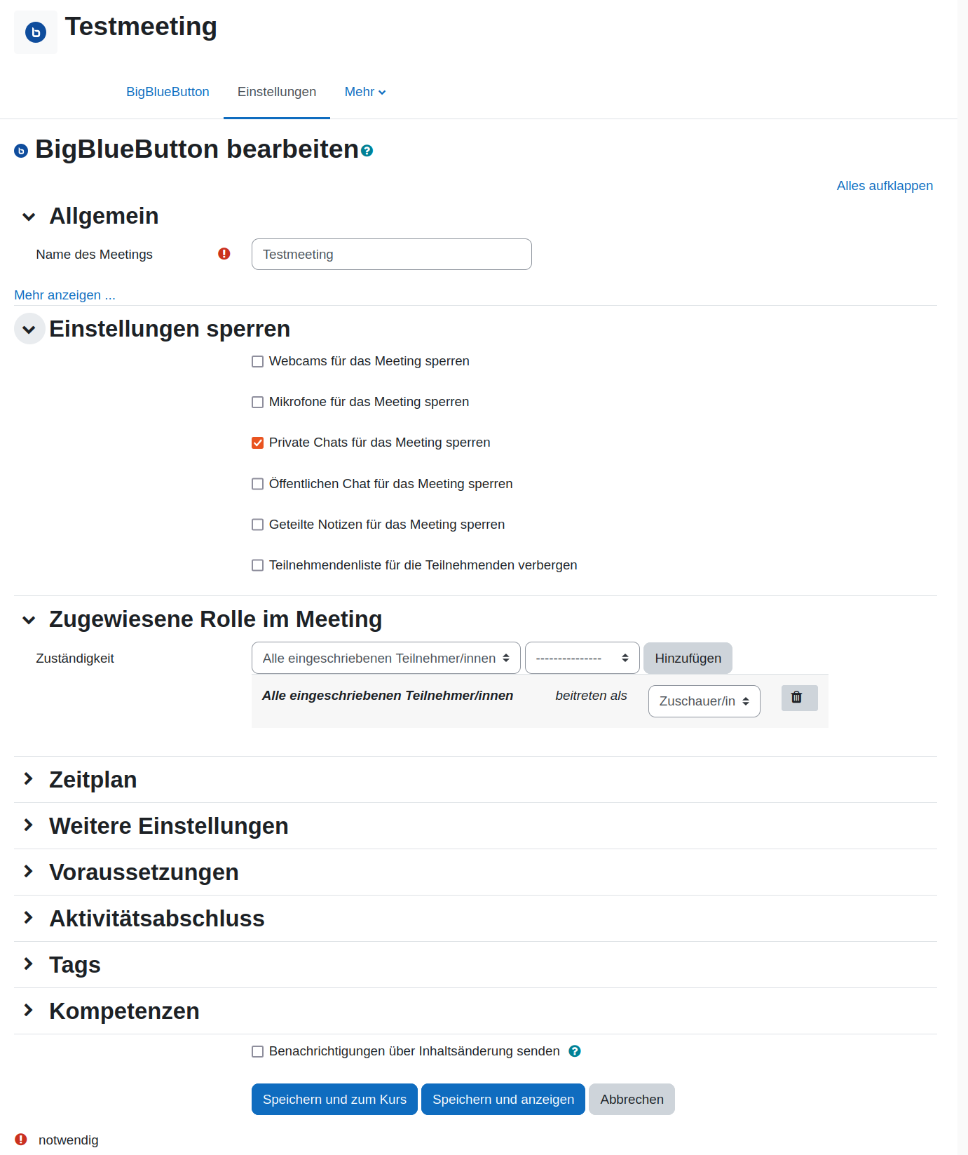 Ansicht der Einstellungen zu einer Aktvivität BigBlueButton