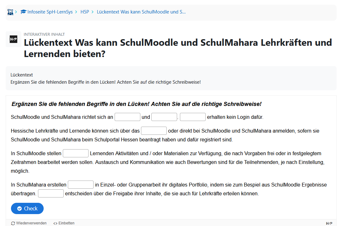 Screenshot zu einem mit H5P erstellten Lückentext zu SchulMoodle