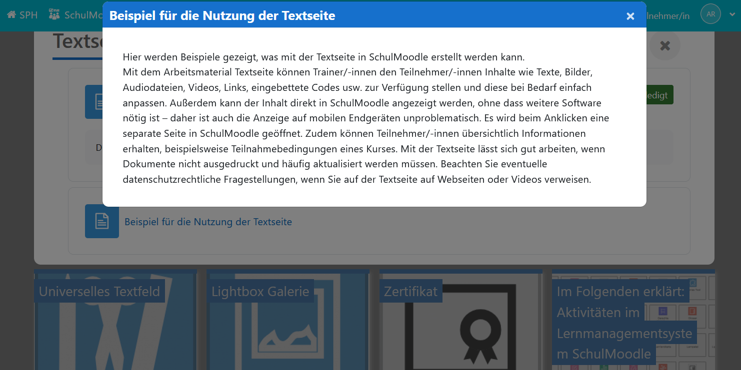 Screenshot zum Material Textseite Teilnehmersicht