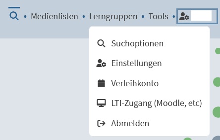 Übersicht über das Ausklappmenü unter dem eigenen Namen: als vierte Möglichkeit ist "LTI-Zugang (Moodle, etc.) auswählbar.