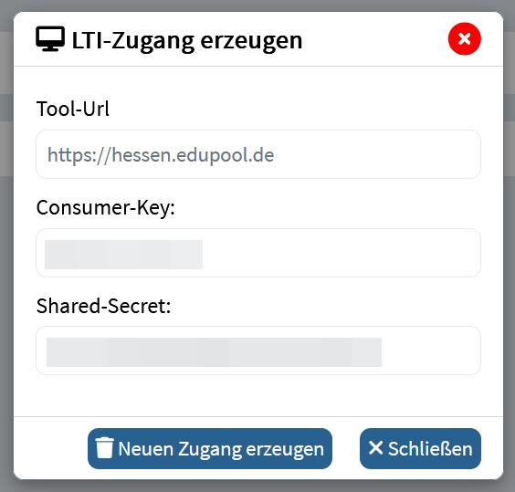 Ansicht aus der Tool-URL, Consumer-Key und Shared-Secret für das Erzeugen des LTI-Zugangs entnommen werden können.
